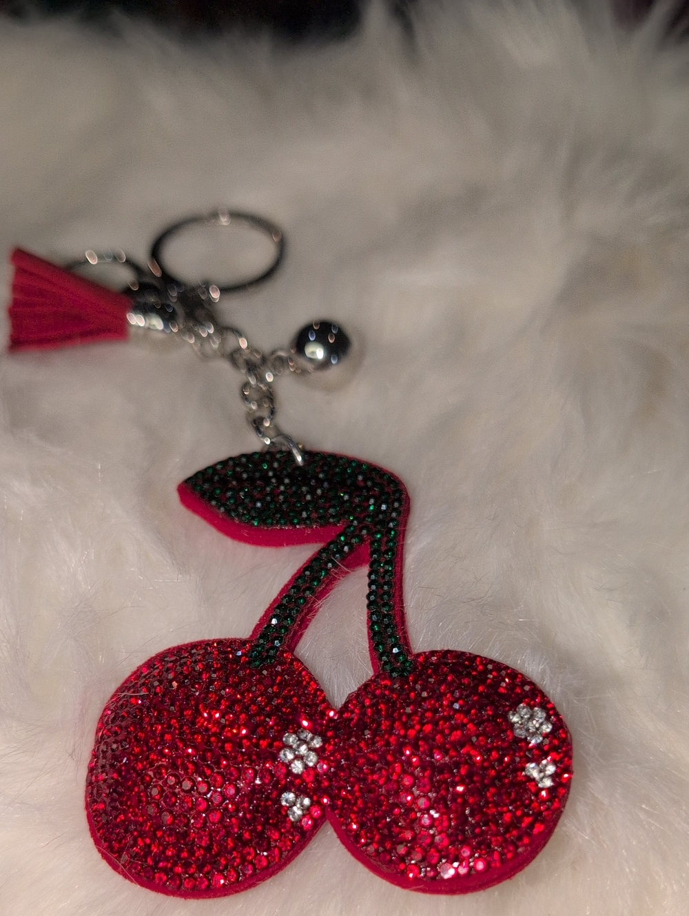 Sparkling Red Cherry Keychain Bag Charm with Tassel And Silver Tone Hardware
